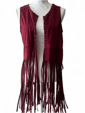 Fringed Suede-Look Burgundy Vest